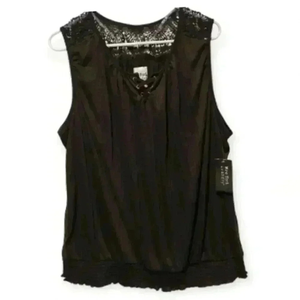 Shirt Top Short Sleeve Lace Detail  Brown Scrunch Waist